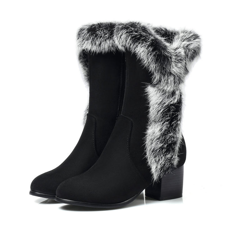 black Women's fuzzy trim mid calf snow boots