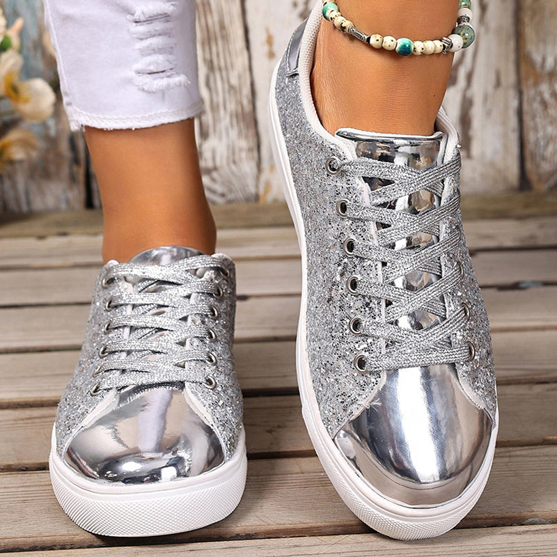 Women's glitter lace-up toe cap sneakers