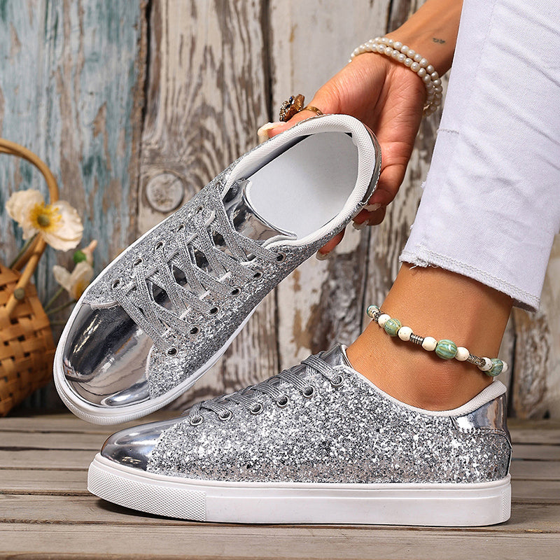silver Women's glitter lace-up toe cap sneakers