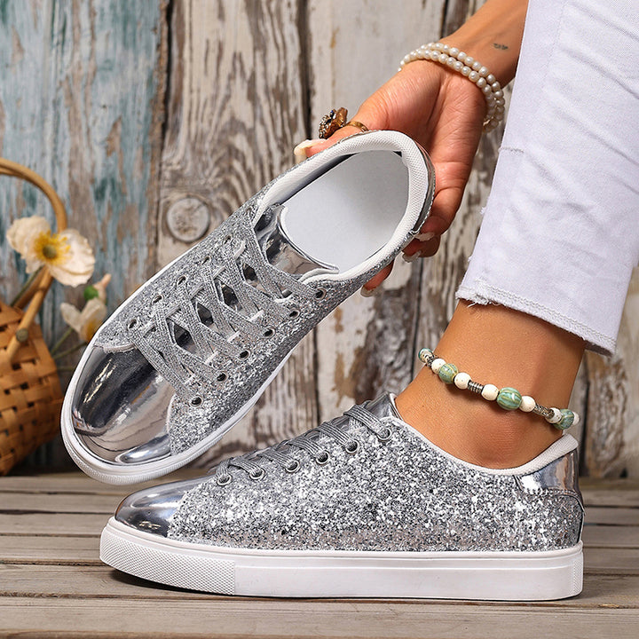 silver Women's glitter lace-up toe cap sneakers
