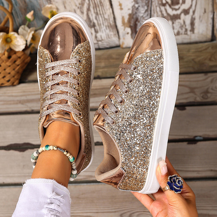 gold Women's glitter lace-up toe cap sneakers