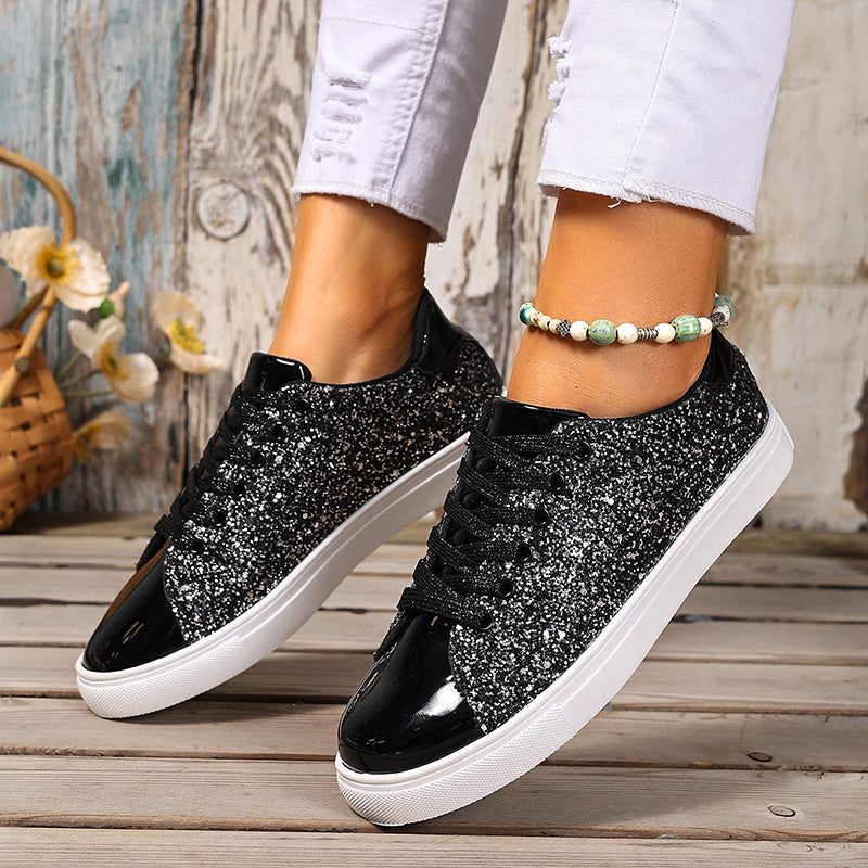 black Women's glitter lace-up toe cap sneakers