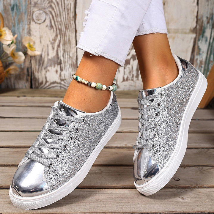 silver Women's glitter lace-up toe cap sneakers