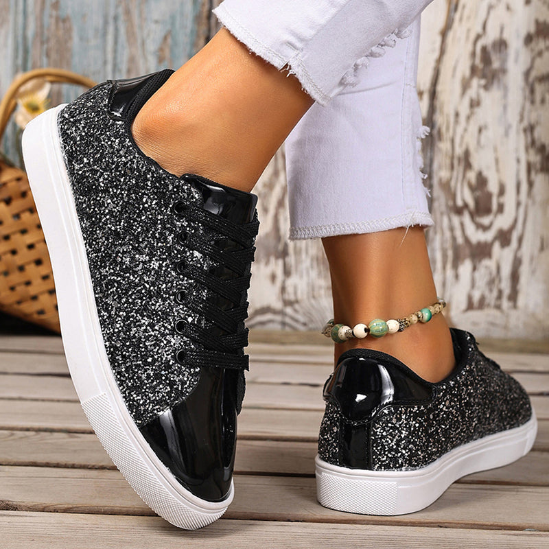 black Women's glitter lace-up toe cap sneakers