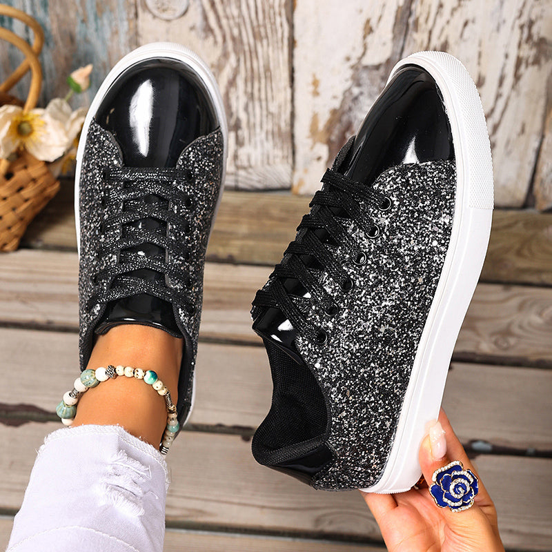 black Women's glitter lace-up toe cap sneakers
