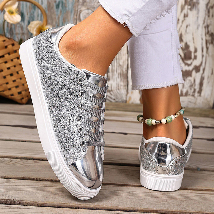 silver Women's glitter lace-up toe cap sneakers