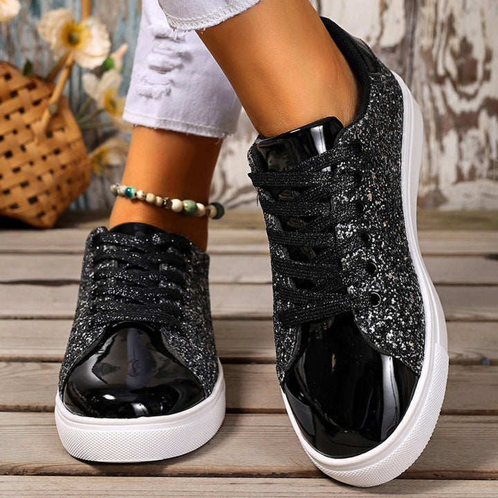 black Women's glitter lace-up toe cap sneakers