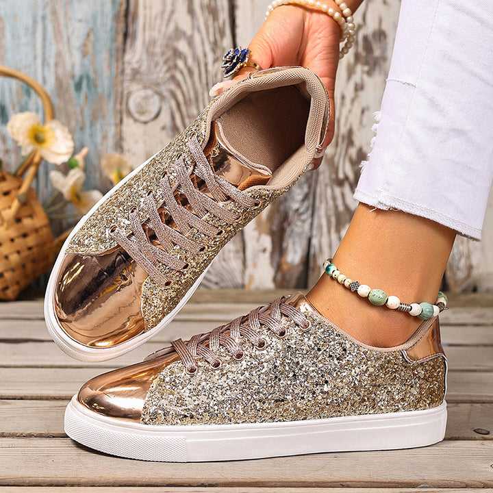 gold Women's glitter lace-up toe cap sneakers