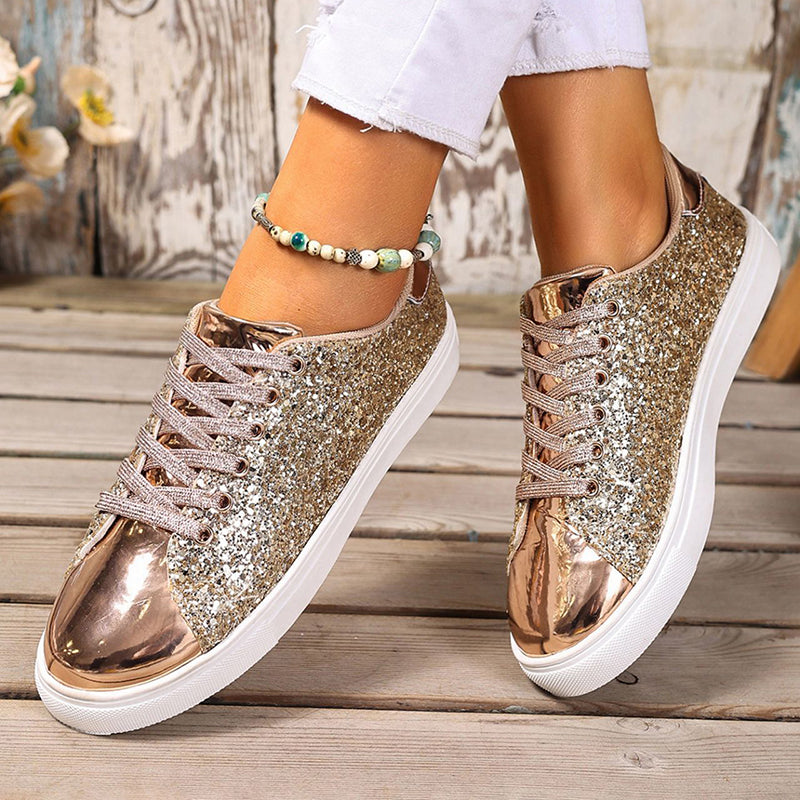 gold Women's glitter lace-up toe cap sneakers
