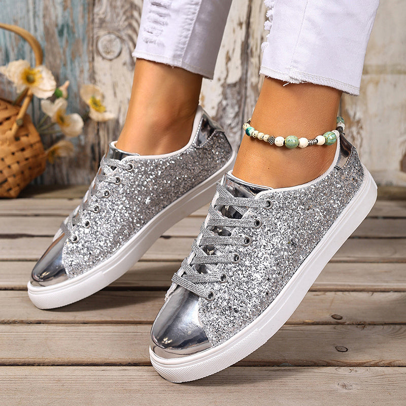 silver Women's glitter lace-up toe cap sneakers