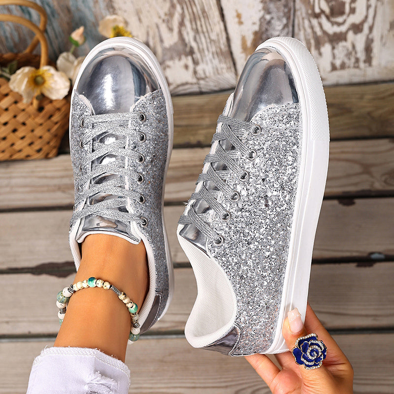 silver Women's glitter lace-up toe cap sneakers