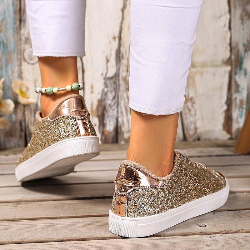 gold Women's glitter lace-up toe cap sneakers
