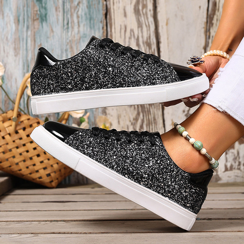 black Women's glitter lace-up toe cap sneakers