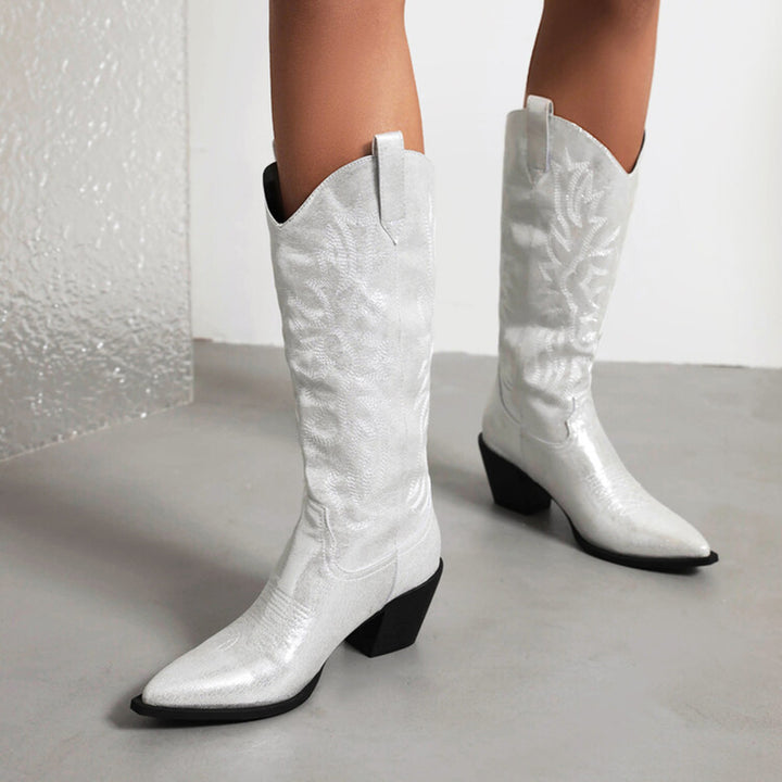 white Women's glitter metallic knee high cowboy boots
