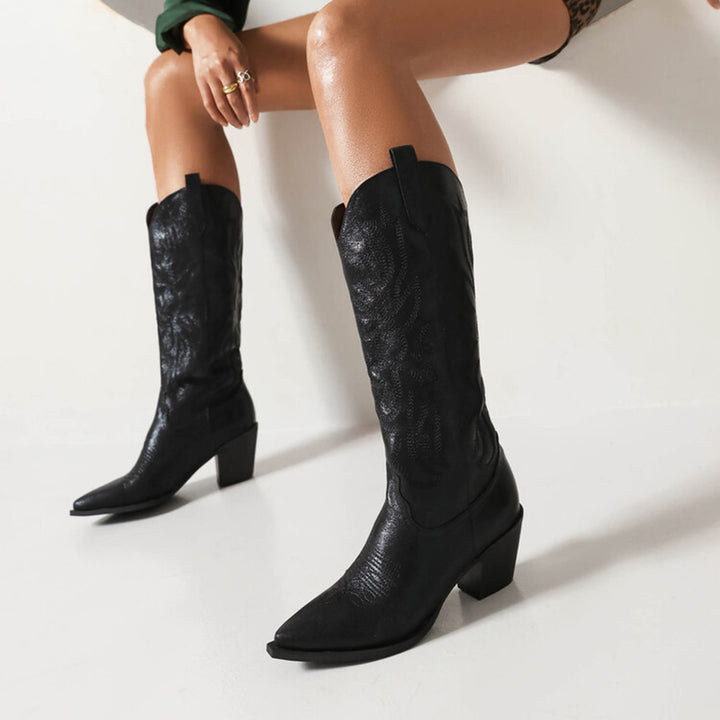 black Women's glitter metallic knee high cowboy boots