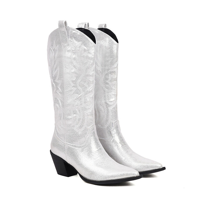white Women's glitter metallic knee high cowboy boots