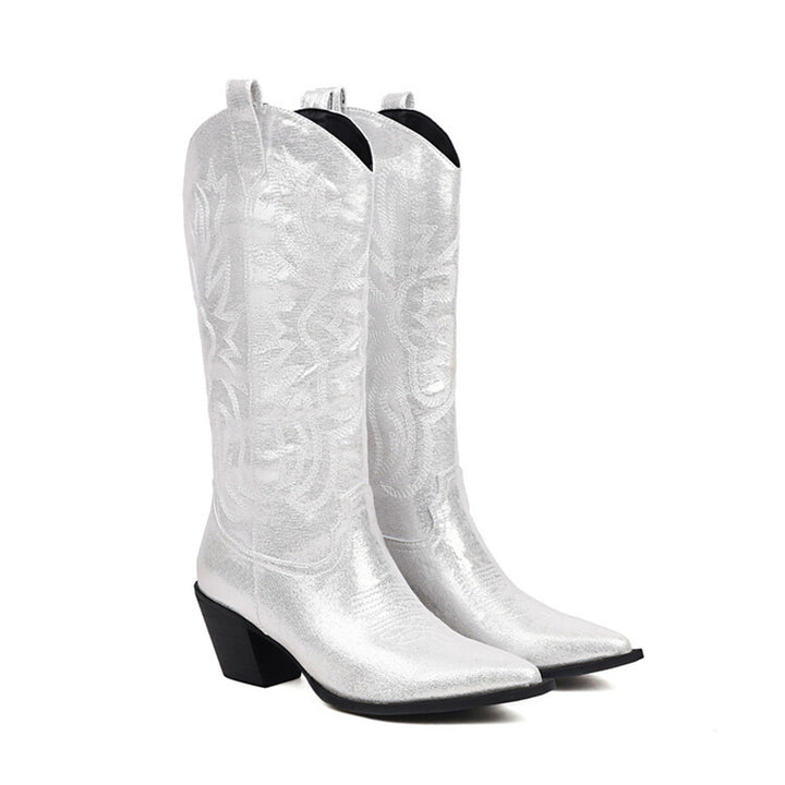 white Women's glitter metallic knee high cowboy boots