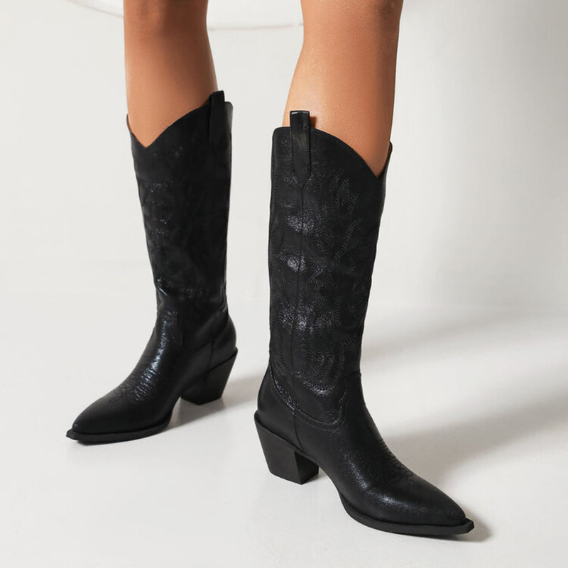 black Women's glitter metallic knee high cowboy boots