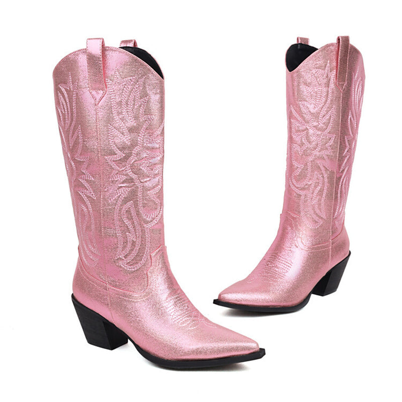 pink Women's glitter metallic knee high cowboy boots