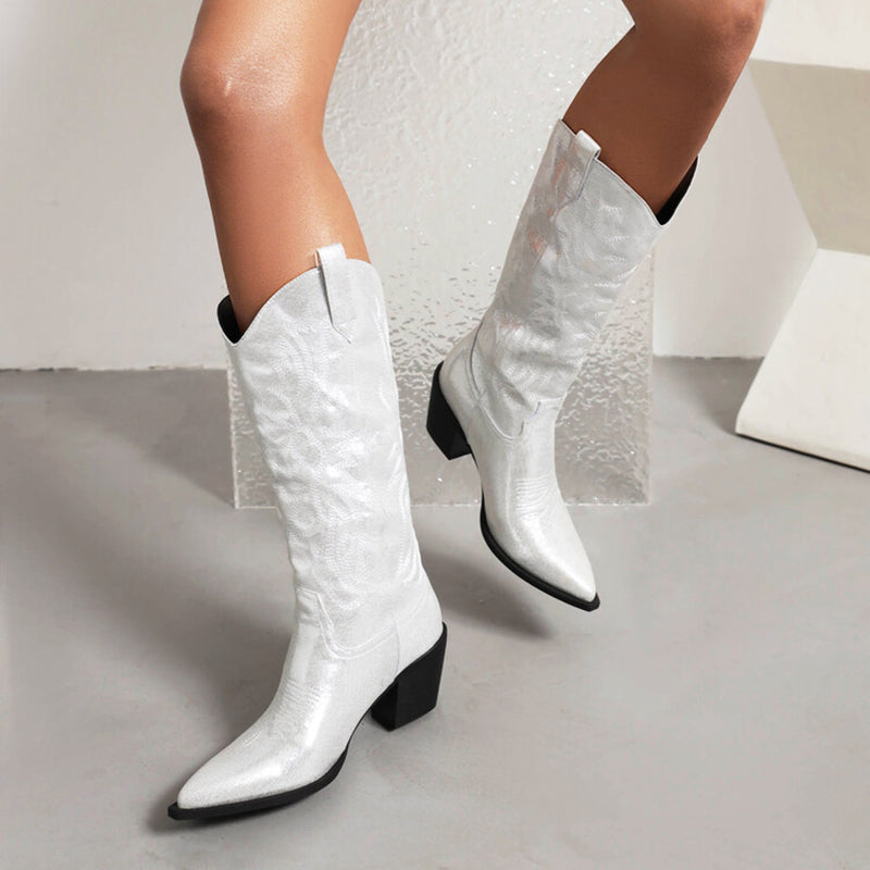 white Women's glitter metallic knee high cowboy boots