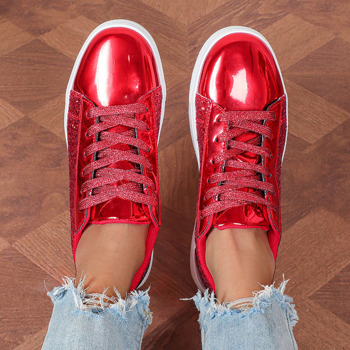 red Women's glitter shiny lace-up platform sneakers