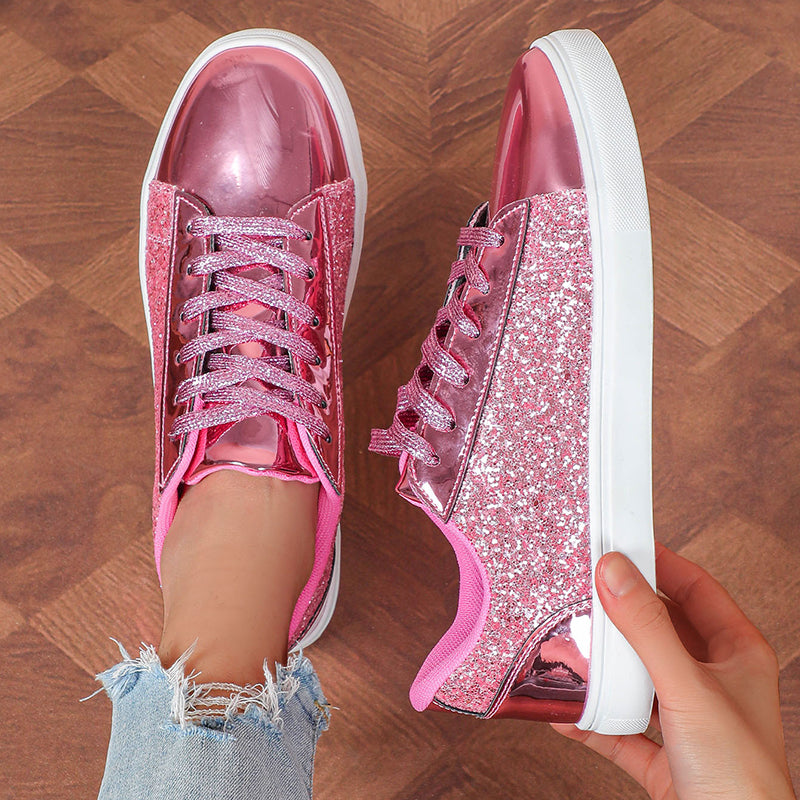 pink Women's glitter shiny lace-up platform sneakers