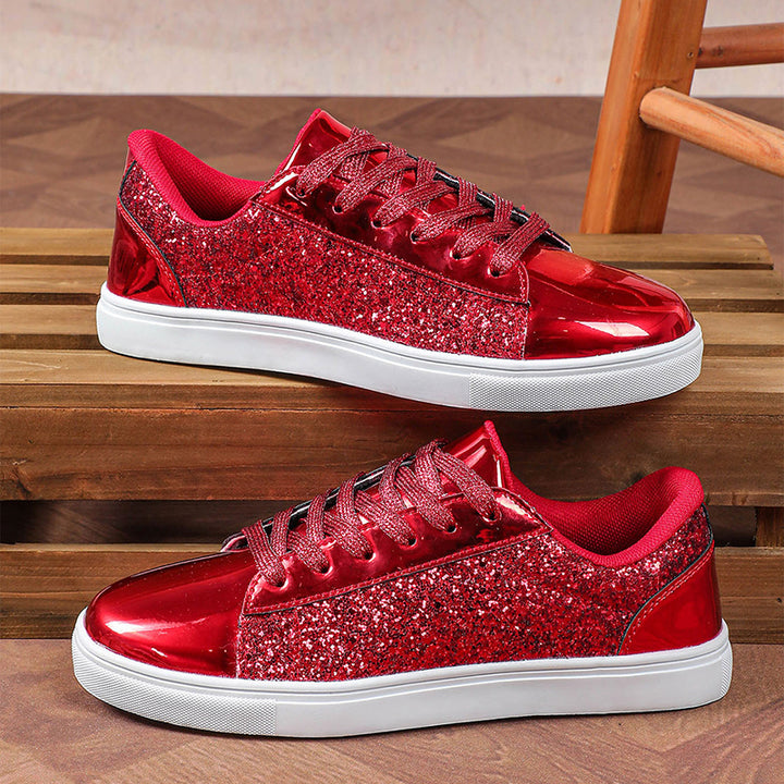 red Women's glitter shiny lace-up platform sneakers