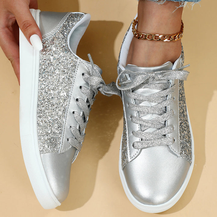 silver Women's glitter shiny lace-up platform sneakers