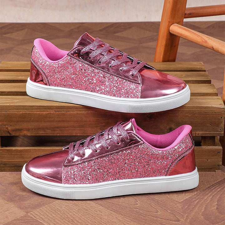 pink Women's glitter shiny lace-up platform sneakers