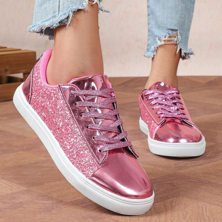 pink Women's glitter shiny lace-up platform sneakers