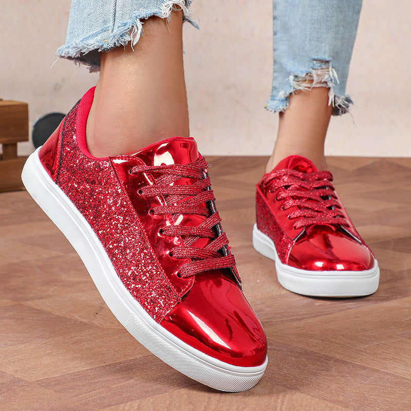 red Women's glitter shiny lace-up platform sneakers