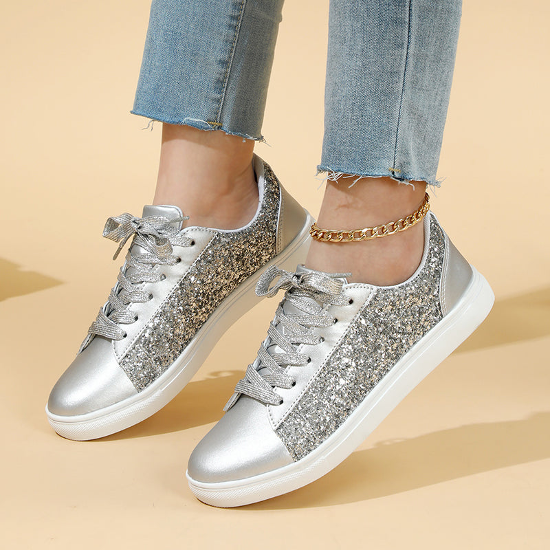silver Women's glitter shiny lace-up platform sneakers