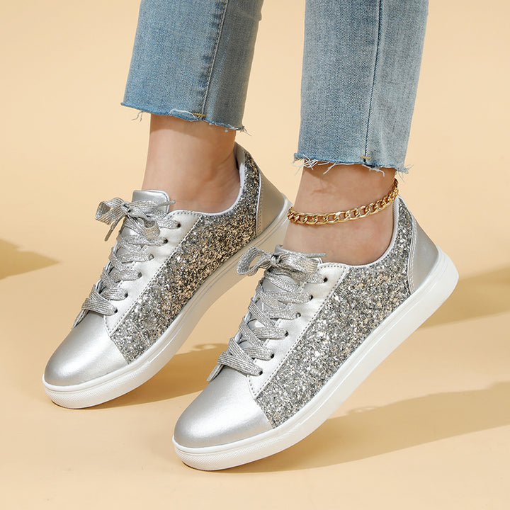 silver Women's glitter shiny lace-up platform sneakers