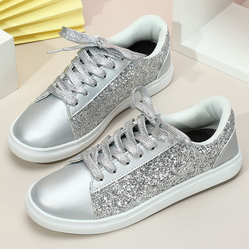silver Women's glitter shiny lace-up platform sneakers