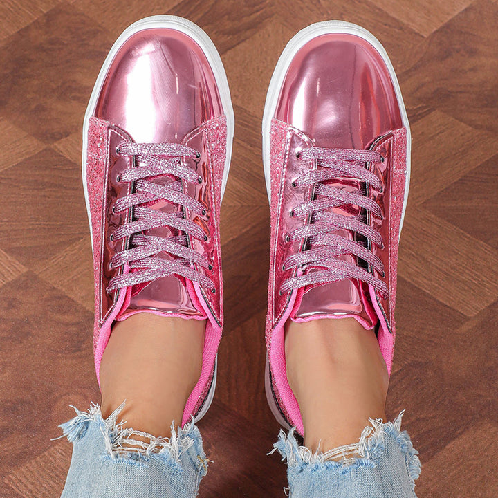 pink Women's glitter shiny lace-up platform sneakers