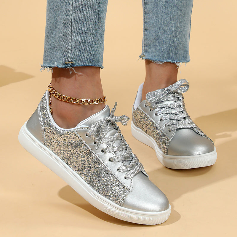 silver Women's glitter shiny lace-up platform sneakers