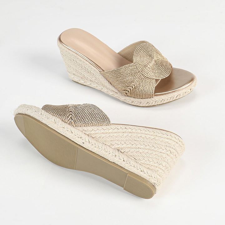 Women's gold espadrille wedge slides with transparent strap