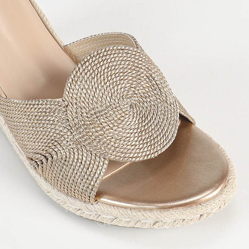 Women's gold espadrille wedge slides with transparent strap