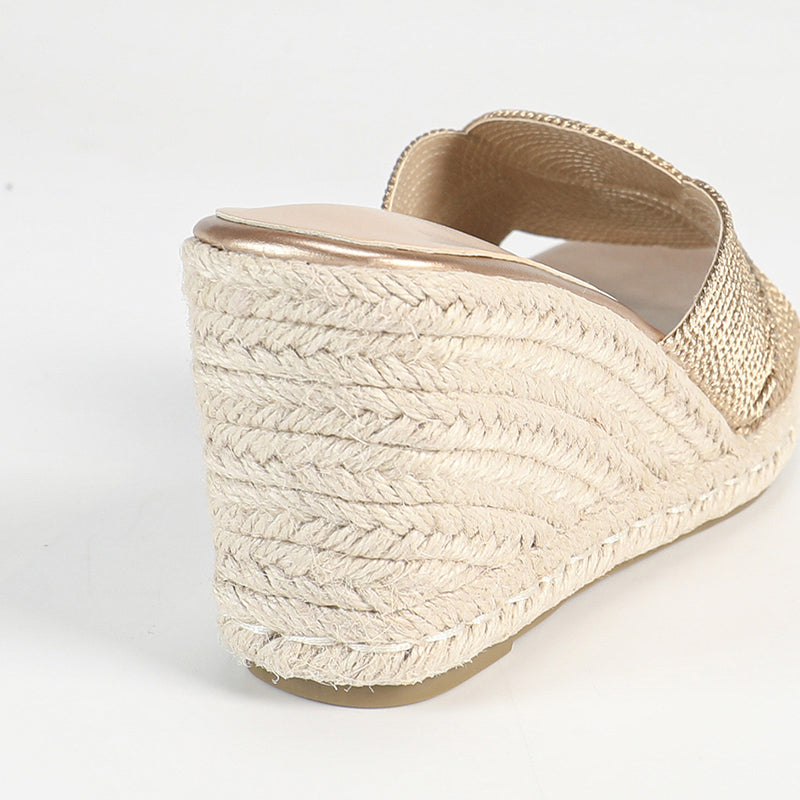 Women's gold espadrille wedge slides with transparent strap