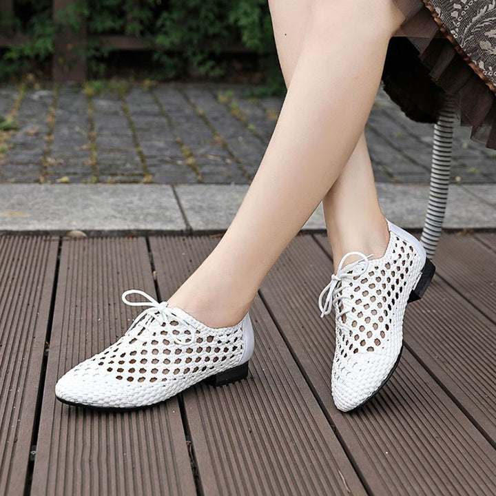 white Women's hollow woven lace-up loafers