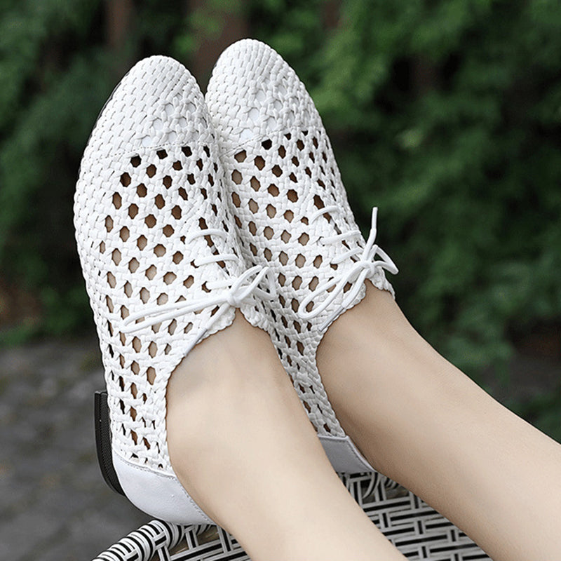 white Women's hollow woven lace-up loafers