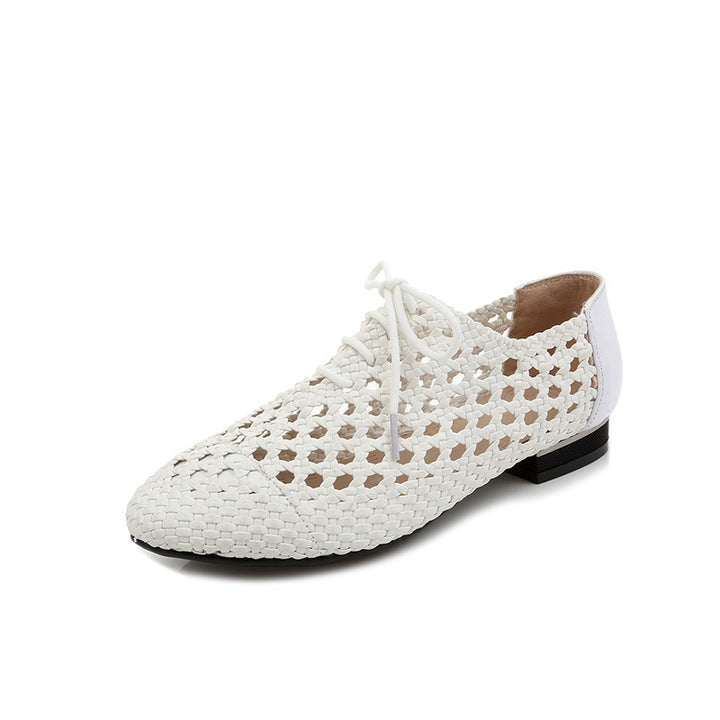 white Women's hollow woven lace-up loafers