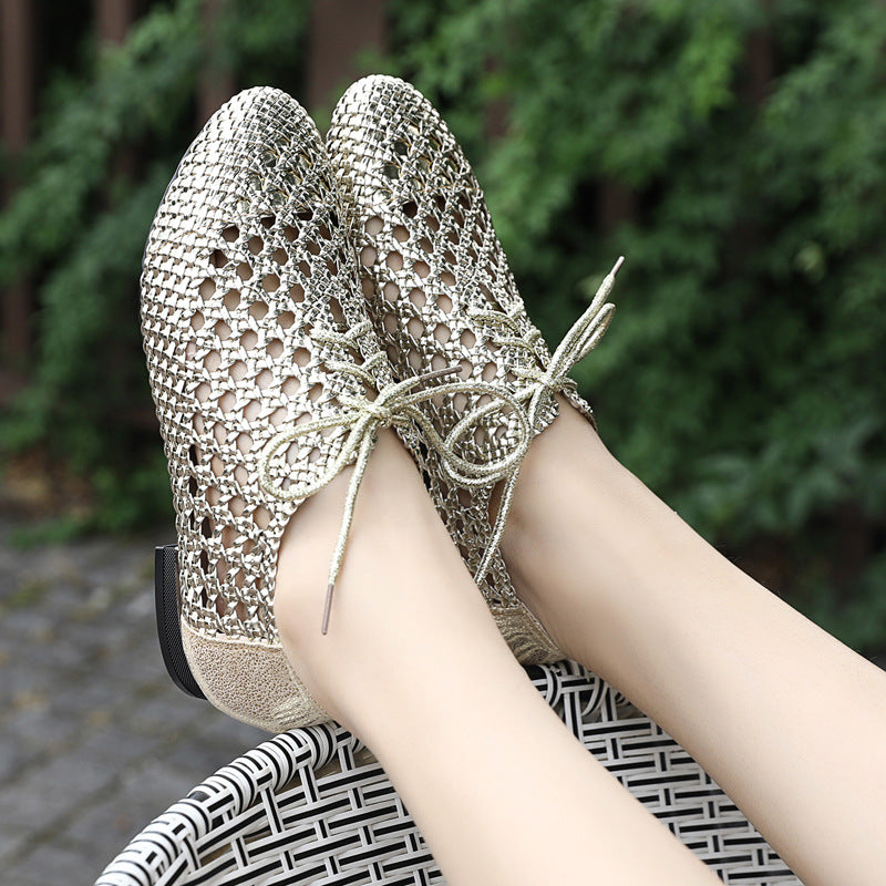 Women's hollow woven lace-up loafers