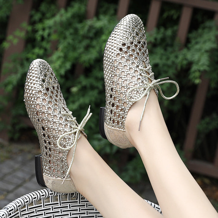 gold Women's hollow woven lace-up loafers