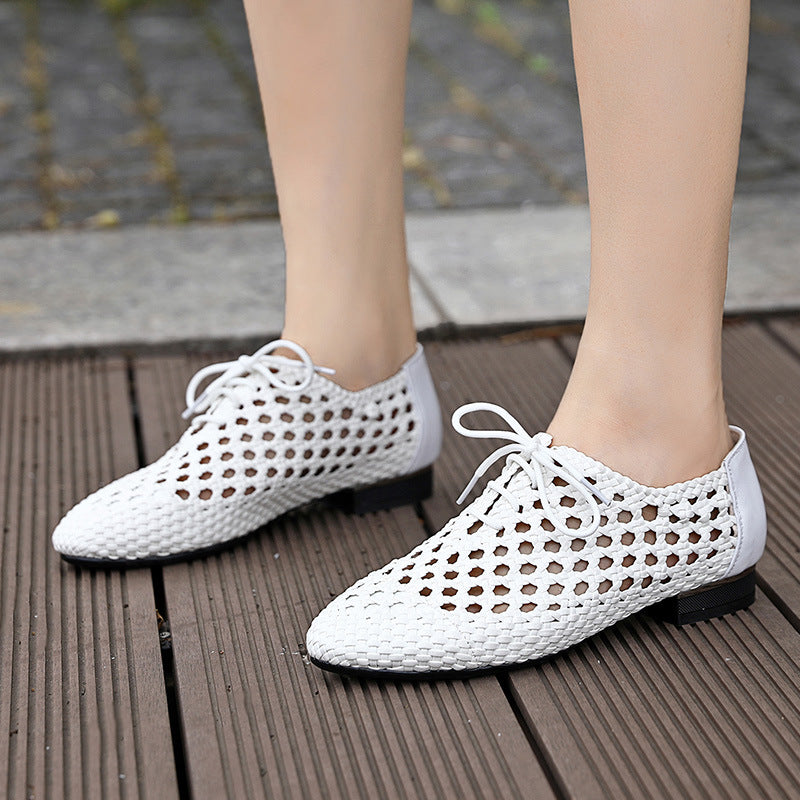 Women's hollow woven lace-up loafers