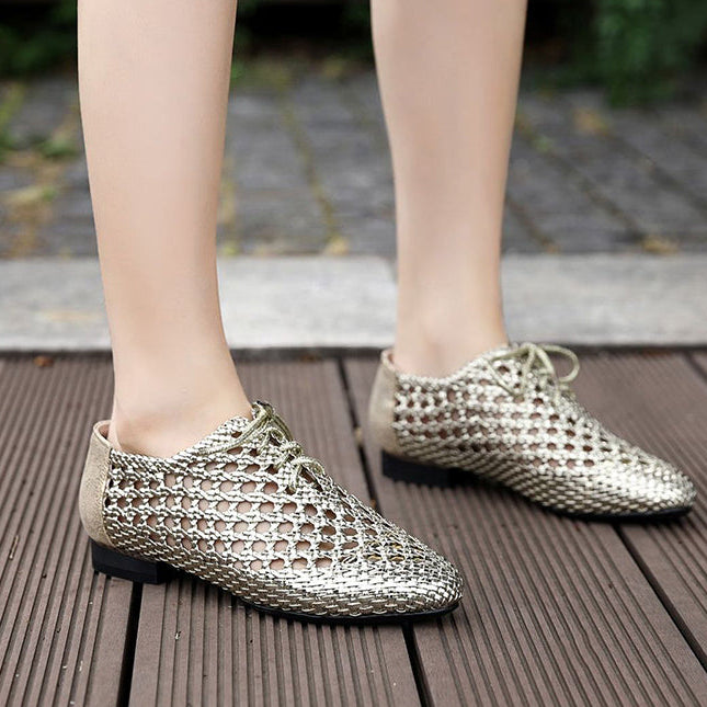 gold Women's hollow woven lace-up loafers