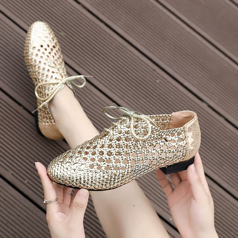 gold Women's hollow woven lace-up loafers