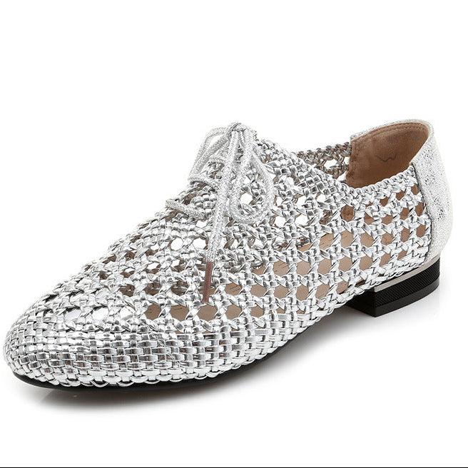 silver Women's hollow woven lace-up loafers