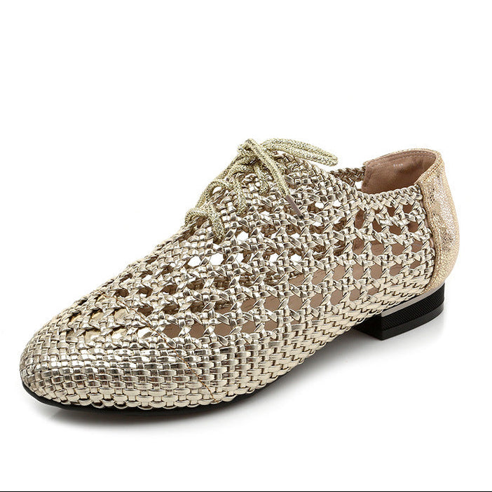 gold Women's hollow woven lace-up loafers