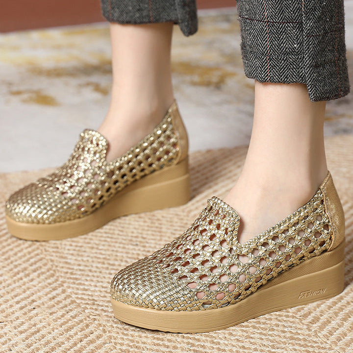 Women's hollow woven wedge heels loafers